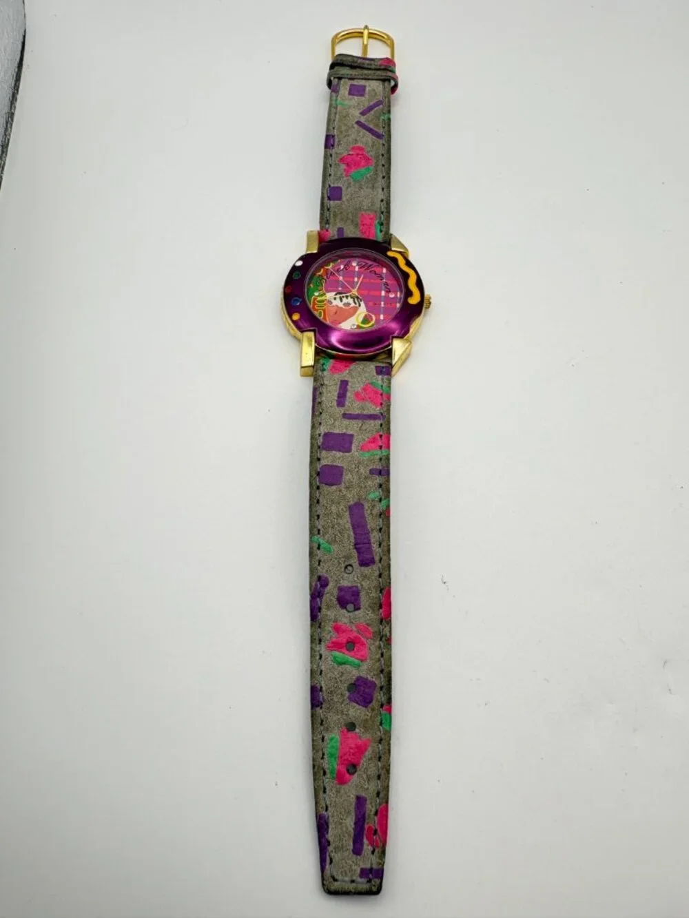 Vintage Black Woman Pop Art Quartz Watch Purple Gold Tone Memphis Style Leather